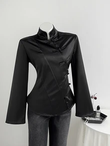 Elamini 女款秋冬黑色緞面手工盤扣立領前開襟修身長袖夾克襯衫，復古新中式風，通勤辦公職場出遊約會大學日常百搭 - 黑色 - 查看 4