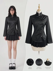 Elamini 女款秋冬黑色緞面手工盤扣立領前開襟修身長袖夾克襯衫，復古新中式風，通勤辦公職場出遊約會大學日常百搭 - 黑色 - 查看 3