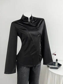 Elamini 女款秋冬黑色緞面手工盤扣立領前開襟修身長袖夾克襯衫，復古新中式風，通勤辦公職場出遊約會大學日常百搭 - 黑色 - 查看 6