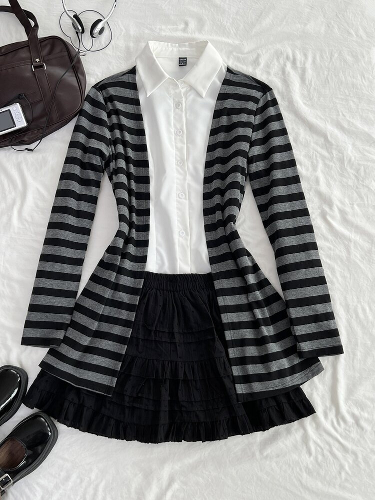 Elamini Women's Autumn/Winter Black & Grey Striped Knit V-Neck Open Front Long Sleeve Cardigan, Commute Office Shopping Date Casual College Daily Home Versatile - Black - View 4