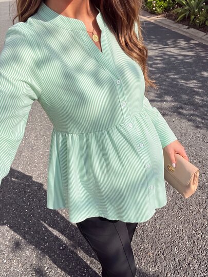 GentleRue Maternity Blusa de lactancia de maternidad de manga larga con botones delanteros y bajo en línea A a rayas verdes