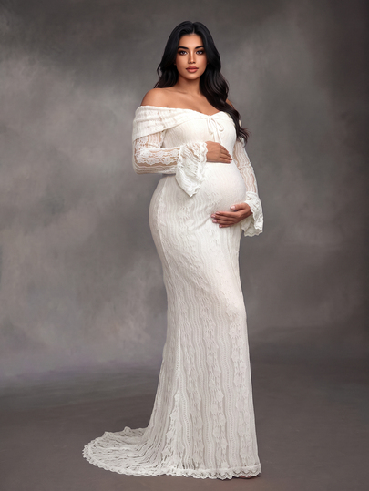 Cheriluna Maternity Vestido de Sirena Extra Largo de Encaje Blanco con Hombros Descubiertos y Manga Larga Elegante para Maternidad Talla Grande, Adecuado para Boda, Fiesta, Sesión de Fotos de Maternidad, Baby Shower