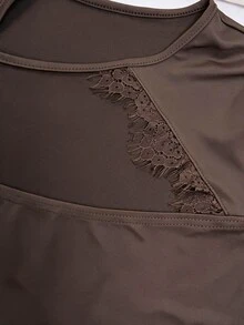 Glamine 美式性感辣妹咖啡棕針織對比蕾絲飾邊領圓領帽袖修身女款T恤 夜店穿搭夏季 - 摩卡棕 - 查看 7