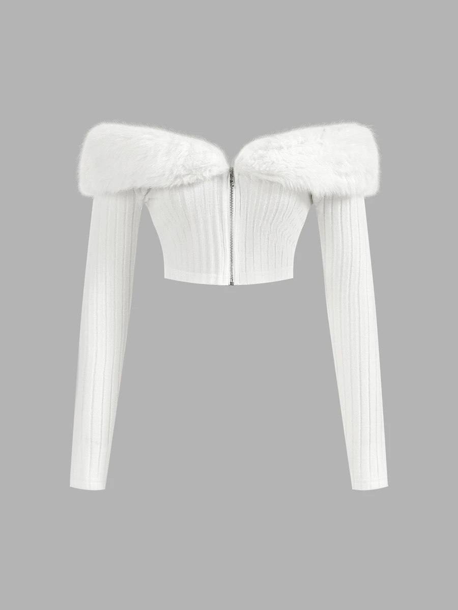 Sweetina Chaqueta corta rosa con hombros descubiertos y ribete de peluche para otoño/invierno - Blanco - Ver 1