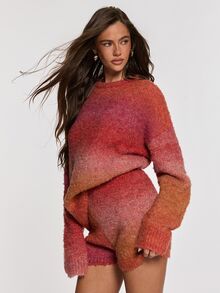 Opulessa Fall/Winter Casual Women's Red Orange Long Sleeve Top And Shorts Knit Two Pieces Set Everyday House - Multicolor - View 5