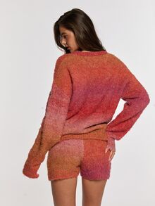 Opulessa Fall/Winter Casual Women's Red Orange Long Sleeve Top And Shorts Knit Two Pieces Set Everyday House - Multicolor - View 3