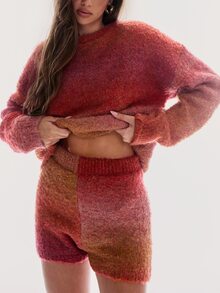 Opulessa Fall/Winter Casual Women's Red Orange Long Sleeve Top And Shorts Knit Two Pieces Set Everyday House - Multicolor - View 8