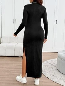 SHEIN Maternity Solid Color High Neck Long Sleeve Side Slit Hem Casual Dress - Apricot - View 2