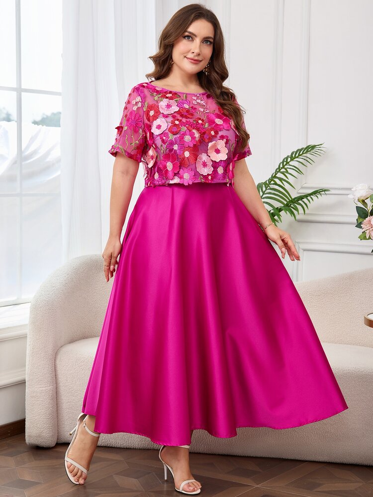 Reflora Plus Size Women's Elegant Romantic Fuchsia Pink Floral Summer Embroidered Blouse Satin A-Line Skirt 2 Pieces Set Wedding Party Formal - Hot Pink - View 8