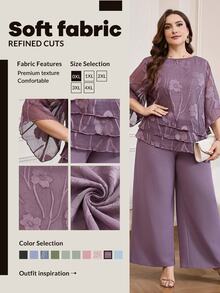 Reflora Plus Size Women Floral Print 3/4 Sleeve Shirt And Wide Leg Pants 2 Pieces Set - Purple - View 10