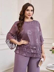 Reflora Plus Size Women Floral Print 3/4 Sleeve Shirt And Wide Leg Pants 2 Pieces Set - Purple - View 6