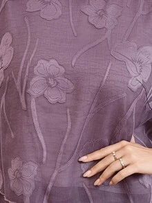 Reflora Plus Size Women Floral Print 3/4 Sleeve Shirt And Wide Leg Pants 2 Pieces Set - Purple - View 8