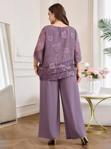Reflora Plus Size Women Floral Print 3/4 Sleeve Shirt And Wide Leg Pants 2 Pieces Set - Purple - View 3