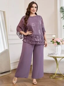 Reflora Plus Size Women Floral Print 3/4 Sleeve Shirt And Wide Leg Pants 2 Pieces Set - Purple - View 9