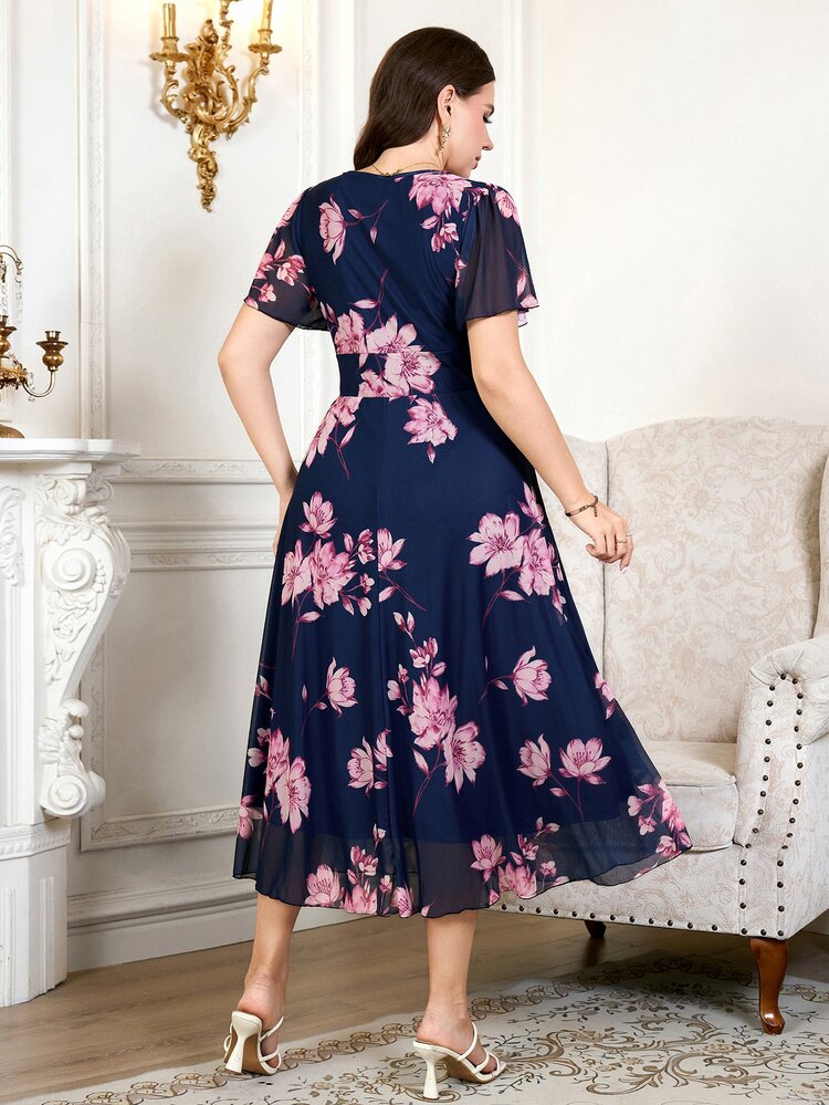 Reflora Plus Size Elegant Romantic Celestial Cross Neck Waist-Cinching Dress Wedding Theme Party Mother Of The Bride Guest Navy Blue Summer Wedding - Blue - View 2