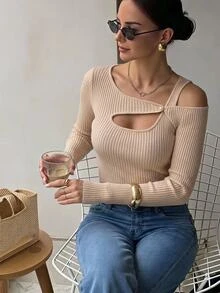 Firerie 不对称领口镂空前罗纹针织毛衣、长袖上衣 - 杏色 - 查看 2