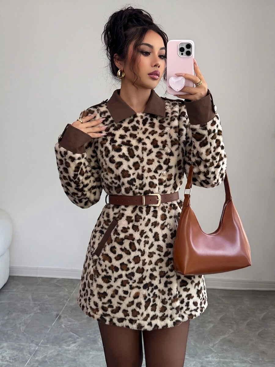 SHEIN Clasi جاكيت أنيق بطبعة نمر وياقة متباينة - بني - مشاهدة 1