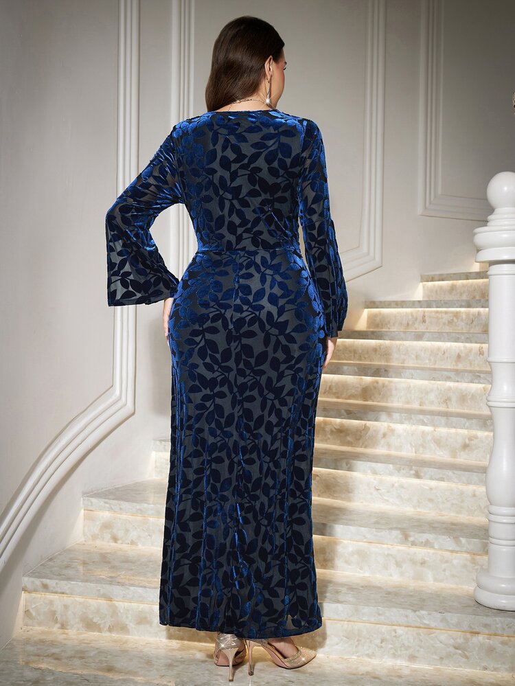 Reflora Plus Size Women's Floral Print Cowl Neck Split Sleeve Elegant Dress Christmas Fall - Blue - View 3