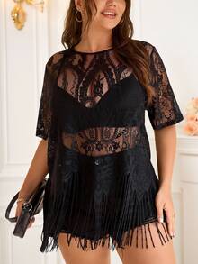 Reflora Plus Size Women Lace Short Sleeve Sheer Fringe Top, Summer Halloween, Western Sexy 70's Wear, Boho, Concert Party Girls Night Date Night Black - Black - View 5