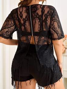 Reflora Plus Size Women Lace Short Sleeve Sheer Fringe Top, Summer Halloween, Western Sexy 70's Wear, Boho, Concert Party Girls Night Date Night Black - Black - View 3