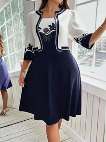 SHEIN Clasi Plus Size Contrast Color Print Waist Flattering Elegant Midi Dress Autumn Dinner Formal Navy Blue - Blue and White - View 4