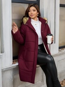 Reflora Plus Size Women's Plush Hooded Casual Versatile Winter Cotton Padded Coat - Burgundy - View 6