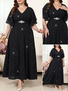 Reflora Plus Size Women's V-Neck Rhinestone Embellished Casual Elegant Party Formal Evening Dress Black Summer - Black - View 11