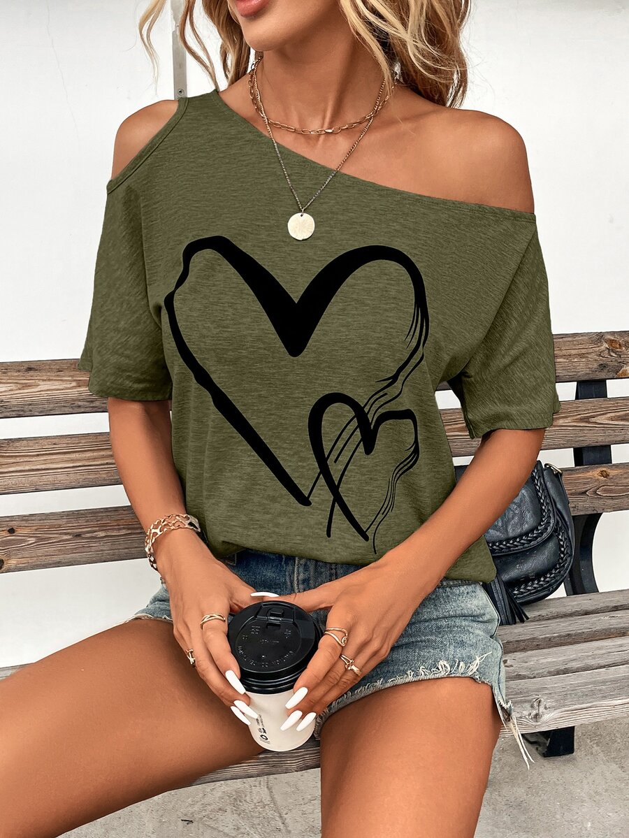 SHEIN Clasi Women's Heart Printed Open Shoulder T-Shirt - Army Green - View 1