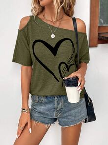 SHEIN Clasi Women's Heart Printed Open Shoulder T-Shirt - Army Green - View 3