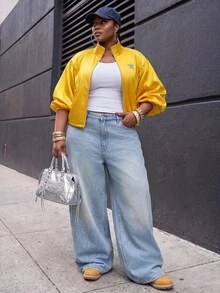 Slaydiva Fashion Street Gold 4-Stripe Bubble Short Sleeve Cropped Stand Collar Sports Jacket Front Zipper Plus Size Fall - Yellow - View 7