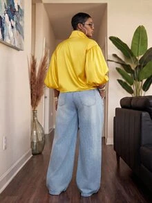 Slaydiva Fashion Street Gold 4-Stripe Bubble Short Sleeve Cropped Stand Collar Sports Jacket Front Zipper Plus Size Fall - Yellow - View 4