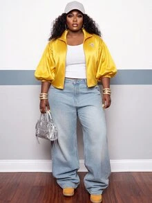 Slaydiva Fashion Street Gold 4-Stripe Bubble Short Sleeve Cropped Stand Collar Sports Jacket Front Zipper Plus Size Fall - Yellow - View 6