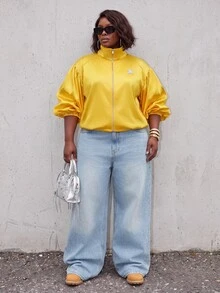 Slaydiva Fashion Street Gold 4-Stripe Bubble Short Sleeve Cropped Stand Collar Sports Jacket Front Zipper Plus Size Fall - Yellow - View 5