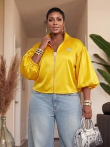 Slaydiva Fashion Street Gold 4-Stripe Bubble Short Sleeve Cropped Stand Collar Sports Jacket Front Zipper Plus Size Fall - Yellow - View 10