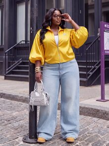 Slaydiva Fashion Street Gold 4-Stripe Bubble Short Sleeve Cropped Stand Collar Sports Jacket Front Zipper Plus Size Fall - Yellow - View 3