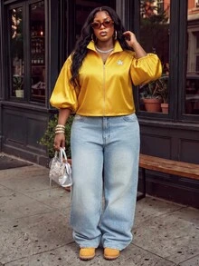Slaydiva Fashion Street Gold 4-Stripe Bubble Short Sleeve Cropped Stand Collar Sports Jacket Front Zipper Plus Size Fall - Yellow - View 11
