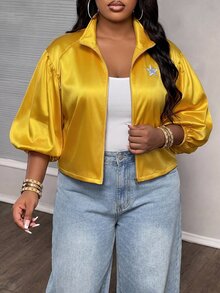 Slaydiva Fashion Street Gold 4-Stripe Bubble Short Sleeve Cropped Stand Collar Sports Jacket Front Zipper Plus Size Fall - Yellow - View 8
