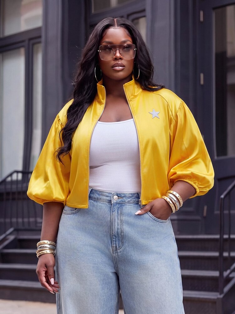 Slaydiva Fashion Street Gold 4-Stripe Bubble Short Sleeve Cropped Stand Collar Sports Jacket Front Zipper Plus Size Fall - Yellow - View 1