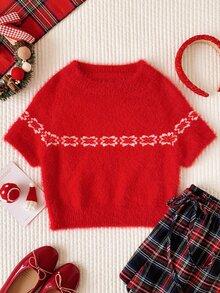 Comfortcana Women's Round Neck Geometric Pattern Fashion Versatile Casual Short Sleeve Sweater - Red - View 5