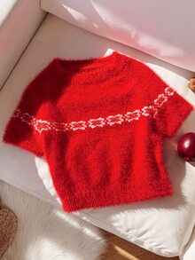 Comfortcana Women's Round Neck Geometric Pattern Fashion Versatile Casual Short Sleeve Sweater - Red - View 4