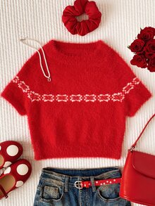 Comfortcana Women's Round Neck Geometric Pattern Fashion Versatile Casual Short Sleeve Sweater - Red - View 1