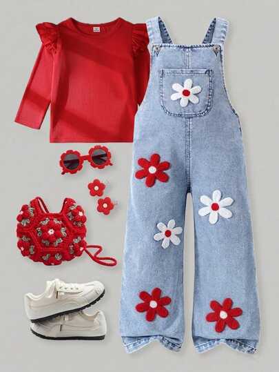 2pcs/Set Girls Toddler Spring/Autumn Red & Light Blue Color Sweet Playful Style 3D Red & White Flower Decor Ruffle Long Sleeve Inner Top & Denim Overall Pants Set, Loose Straight Leg Fit, Suitable For Daily Outings, Outdoor Play, Birthday Parties, Photo Shoots, Family Gatherings