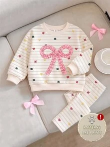 女童條紋蝴蝶結緞帶花卉印花圓領運動衫與內搭褲套裝 秋冬休閒運動套裝 2件套 米色 - 彩色 - 查看 4