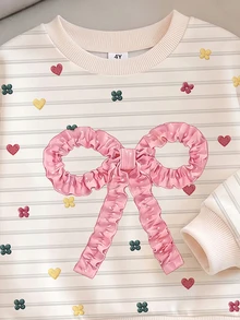 女童條紋蝴蝶結緞帶花卉印花圓領運動衫與內搭褲套裝 秋冬休閒運動套裝 2件套 米色 - 彩色 - 查看 6