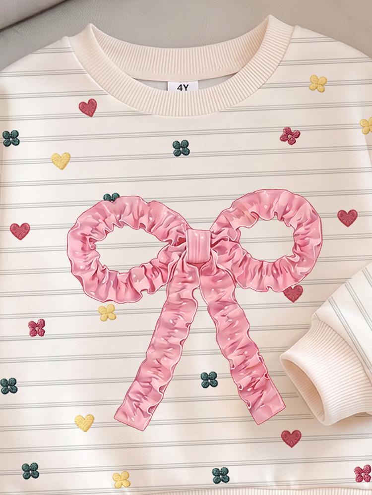 Young Girls Clothes Striped Bow Ribbon Floral Print Crewneck Sweatshirt And Leggings Set Fall Winter Casual Tracksuit 2Pcs Outfit Beige - Multicolor - View 6