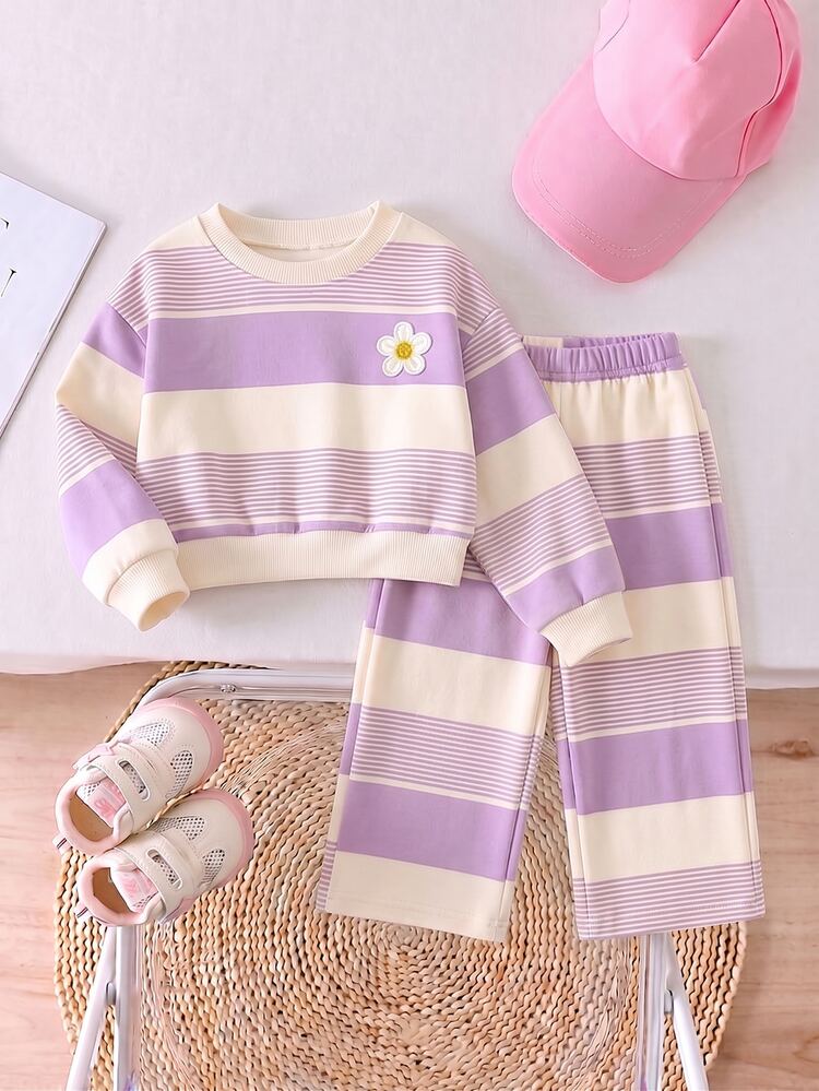 2pcs Young Girls Casual Fashion Sweet Cute Striped Floral Print Crew Neck Long Sleeve Fleece Pullover Sweatshirt And Matching Wide Leg Sweatpants Set, Suitable For Autumn/Winter Wear - Multicolor - View 4