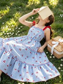 SHEIN Tween Girls Girls' Summer Princess Style Energetic Cherry Plaid Bow Strap Mini Dress, Outfit - Blue - View 4