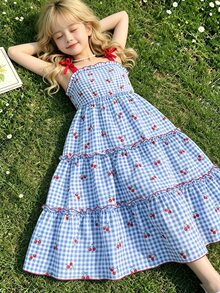SHEIN Tween Girls Girls' Summer Princess Style Energetic Cherry Plaid Bow Strap Mini Dress, Outfit - Blue - View 5