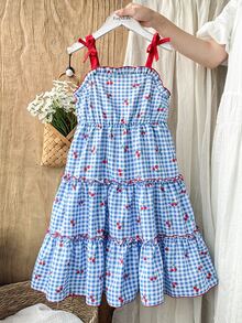 SHEIN Tween Girls Girls' Summer Princess Style Energetic Cherry Plaid Bow Strap Mini Dress, Outfit - Blue - View 3