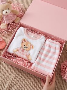 SHEIN 3件組女嬰上衣+長褲套裝，可愛親子款甜美粉色與白色，白熊印花條紋蝴蝶結長袖圓領毛絨生日裝 - 彩色 - 查看 6